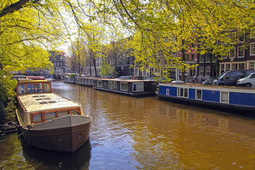 Wall Mural - traditional dutch old buildings and houseboats in the canal, Ams