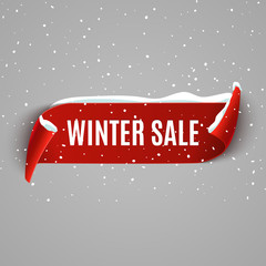 Wall Mural - Winter sale background with red realistic ribbon. Winter poster or banner promotional design with snow. Vector discount marketing element