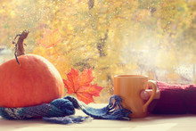 Warm Cozy Atmosphere Of Golden Autumn/ Hand With Cup And Pumpkin Against The Window With Drops After The Rain 