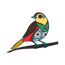 Colored Bird With Floral Pattern. Vector Illustration