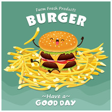 Vintage Burger Poster Design Set With Vector Burger Character. 