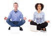 business man and business woman sitting in yoga pose with laptop