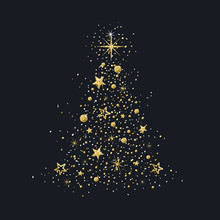 Hand Drawn Golden Glitter Christmas Tree Made Of Stars.
