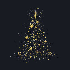 Wall Mural - Hand Drawn Golden Glitter Christmas Tree made of Stars.