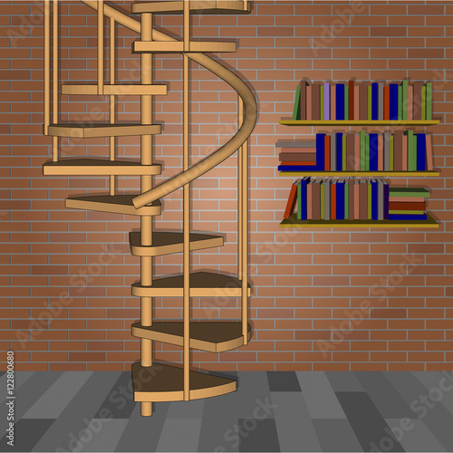 Spiral Stair 3d And A Bookshelf Gray Brick Wall And Wood Floor