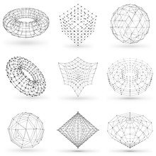Set Of Wireframe Polygonal Elements. Abstract Geometric 3D Objects With Connected Lines And Dots. Set Of Vector Illustrations On White Background With Shades