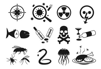 Vector icon set of different types of health dangerous, problems: poison, venom, toxic, intoxication with alcohol or spoiled food, mercury, burn, bacterium, snake or insect bite, jellyfish sting.