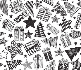 Wall Mural - Vector seamless pattern with presents, stars and Christmas trees