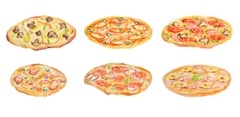 Wall Mural - Watercolor pizza set on white background. Fresh and hot italian snack.