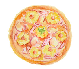 Wall Mural - Isolated watercolor pizza on white background. Tasty italian snack or street food. Italian cuisine.