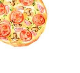 Wall Mural - Isolated watercolor pizza on white background. Tasty italian snack or street food. Italian cuisine.