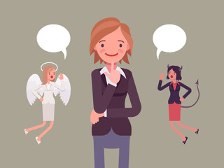 Angel and devil hovering over a thinking woman, trying to make a choice, dialogue bubbles above. Cartoon vector flat-style concept illustration