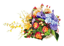 Colorful Floral  Bouquet Of Roses, Lilies, Freesia, Orchids And Irises Isolated On White Background.