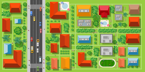 Top view of a highway in the city with houses trees and streets