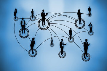 Poster - Business people silhouettes and social network connection on blue background. Modern business technology concept.