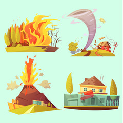 Poster - Natural Disaster Retro Cartoon 2x2 Icons Set