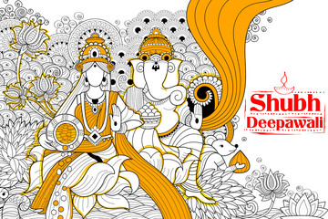 Poster - Goddess Lakshmi and Lord Ganesha on happy Diwali Holiday doodle background for light festival of India