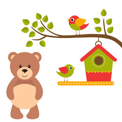 Wall Mural - cartoon birds and birdhouse on a branch and bear