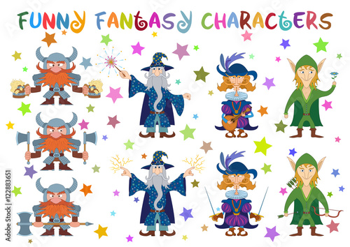 Cuadros en Lienzo Fantasy Heroes, Elf Archer with Bow and Flower, Dwarf Warrior with Axes and Beer, Cavalier with Sabers and Mandolin and Wizard with Lightings and Fireworks, Funny Comic Cartoon Characters Set