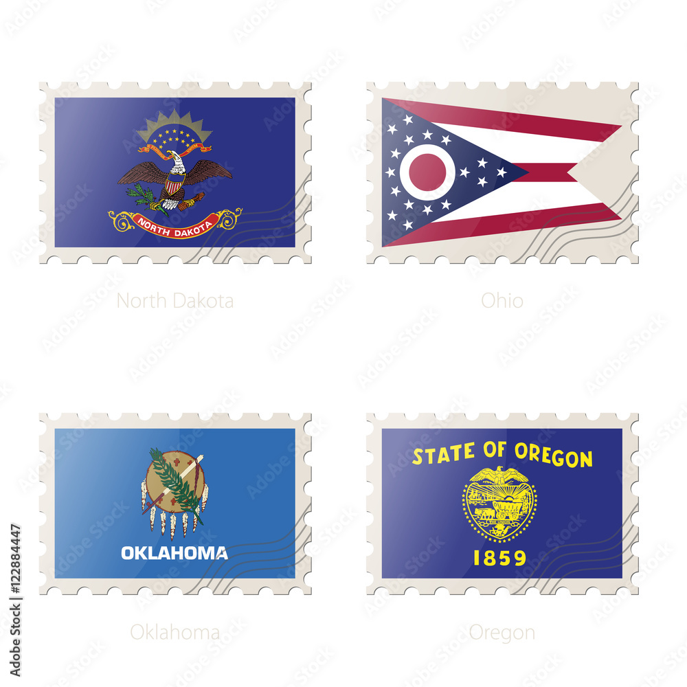 Vector de Stock Postage stamp with the image of North Dakota, Ohio,  Oklahoma, Oregon flag. | Adobe Stock, image size:1000x1000