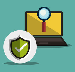 Wall Mural - laptop computer with magnifying glass and check shield internet security system. vector illustration