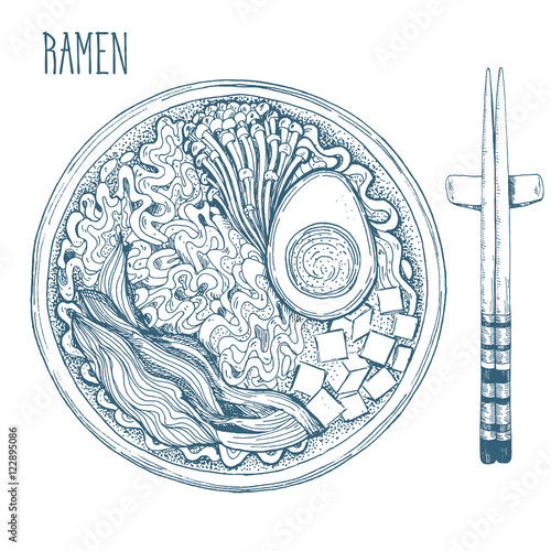 Plakat na papierze fotorealistycznym Azjatyckie jedzenie ramen i pałeczki. 