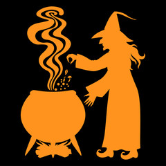 Canvas Print - Witch brews a potion in a cauldron on black background