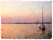 A Digital Watercolor Painting Of A Sailing Boat At Anchor With Sunset Coloured Sky And Space For Text.