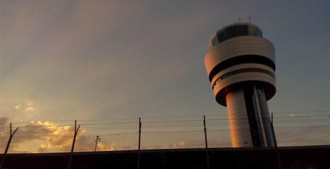 Wall Mural - Airport control tower at sunset in Sofia, Bulgaria