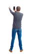 © ghoststone - back view of standing young man  and using a mobile phone. girl watching. Rear view people collection.  backside view of person.  Isolated over white background. A guy in a gray sweater photographs