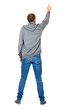 © ghoststone - Back view of  pointing young men in  shirt and jeans. Young guy  gesture. Rear view people collection.  backside view of person.  Isolated over white background. A guy in a gray jacket showing thumb