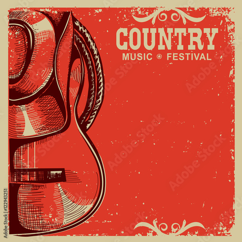 Dekoracja na wymiar  karta-muzyczna-country-z-kowbojskim-kapeluszem-i-gitara-na-starym-papierze