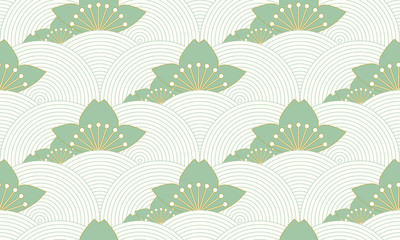 stylized lotus pond seamless pattern in ivory and green shades