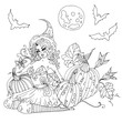 Vector sexy witch in high hat sitting beside pumpkins. Halloween Coloring Page