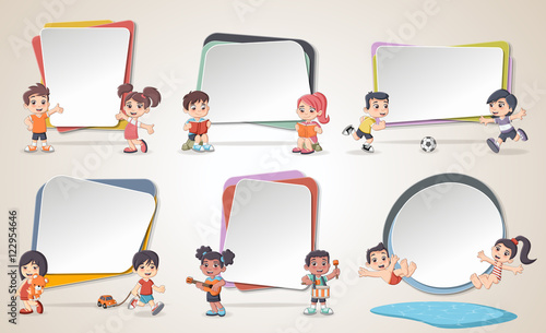 Design text box frame backgrounds with cartoon children. Infographic template...