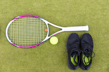 Wall Mural - Tennis equipment set of tennis racket, ball and male sneakers on