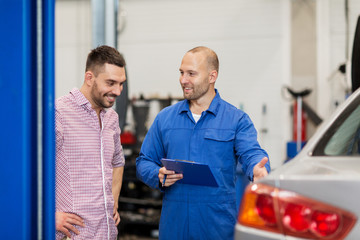 Poster - auto mechanic with clipboard and man at car shop