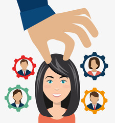 Poster - persons inside gear and hand choosing a avatar woman. recruit human resource theme. colorful design. vector illustration