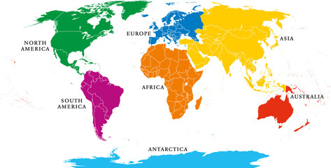 seven continents map with national borders. asia, africa, north and south america, antarctica, europ