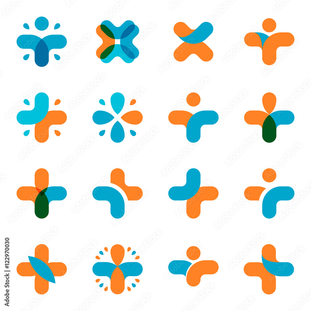 Isolated abstract blue, orange cross logo set. Medical logotype collection. Religious icon. Vector medical illustration. Health sign. Hospital symbol. Arithmetic plus, multiplication element. - obrazy, fototapety, plakaty 