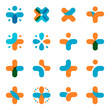 Isolated abstract blue, orange cross logo set. Medical logotype collection. Religious icon. Vector medical illustration. Health sign. Hospital symbol. Arithmetic plus, multiplication element.