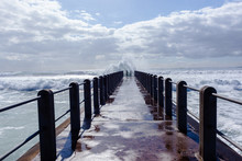 Beach Pier Waves Ocean Storm Swells Crashing Water Power