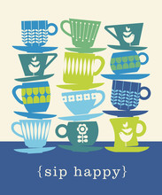 Colorful Retro Illustration With Stacks Of Tea Cups For Poster, Invitation, Greeting Cards 