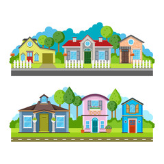 Poster - Residential village houses flat vector illustration, urban landscape