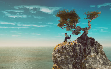 Wall Mural - Man on a mountain overlooking the sea