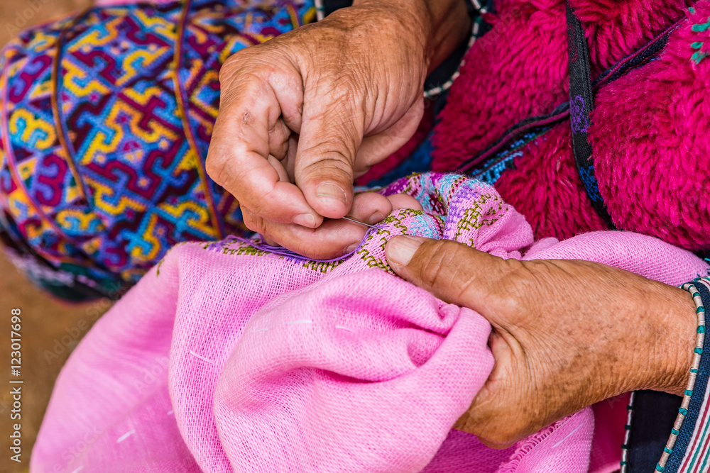 Mien hilltribe embroider pattern colored thread.
