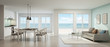Sea view living room, dining room and kitchen, Beach house - 3D rendering