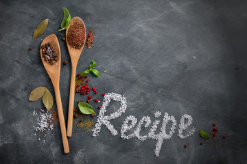 Canvas Print - Wooden spoons with spices and recipe word