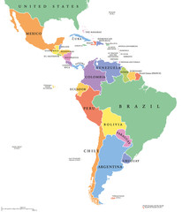 Latin America single states political map. Countries in different colors, with national borders and English country names. From Mexico to the southern tip of South America, including the Caribbean.