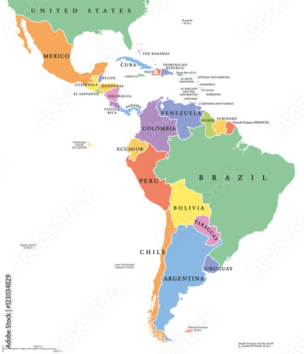 Plakat Mapa polityczna państw Ameryki Łacińskiej. Kraje w różnych kolorach, z granicami państw i angielskimi nazwami krajów. Z Meksyku do południowego krańca Ameryki Południowej, w tym Karaibów.